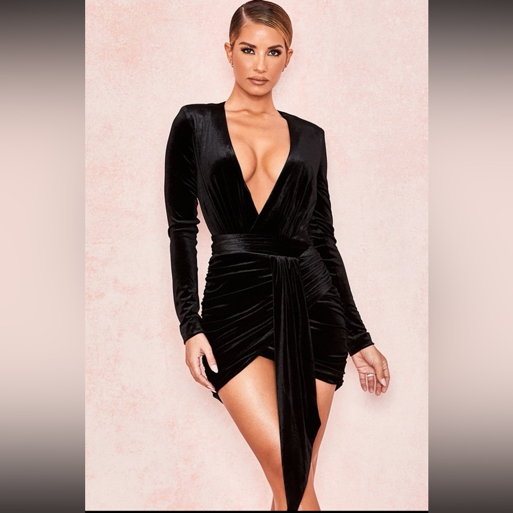 House of CB London Farrah Black Velvet Gathered Deep V Mini Dress